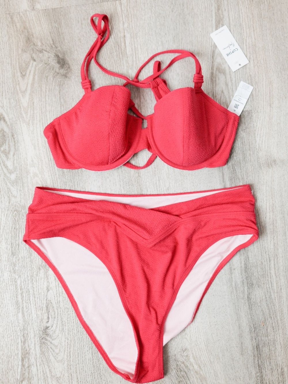 Cupshe Bikini Set Womens Size XL Coral Pink Textured High Waist Swim NWT